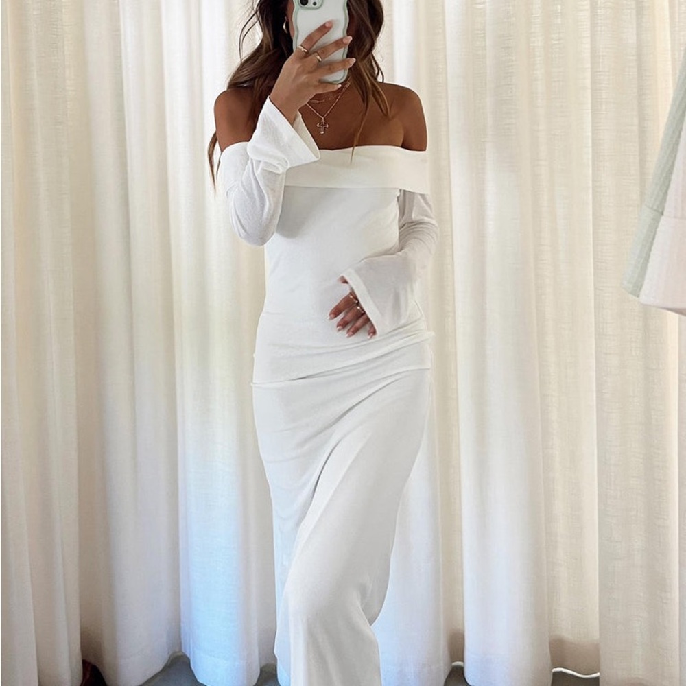 Princess Polly long sleeve white off shoulder floor length dress New with tags!
